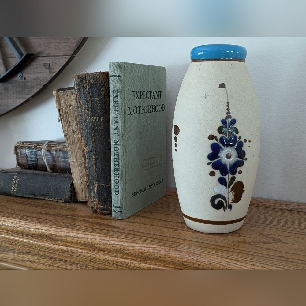 Vintage Tonala Sandstone Mexican Pottery Vase Flowers Floral Blue Brown Signed